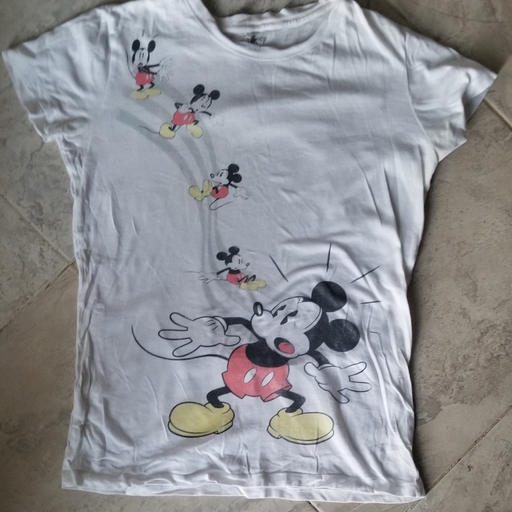 Disney White Mickey Mouse Graphic Tee with Red and Yellow Accents